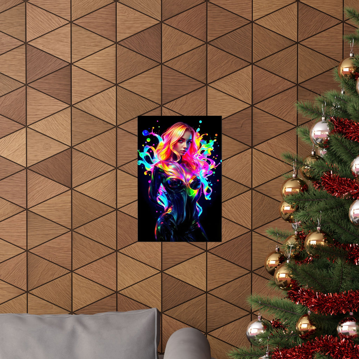 Neon Splash Rainbow Hair Woman Poster Matte Vertical Wall Art
