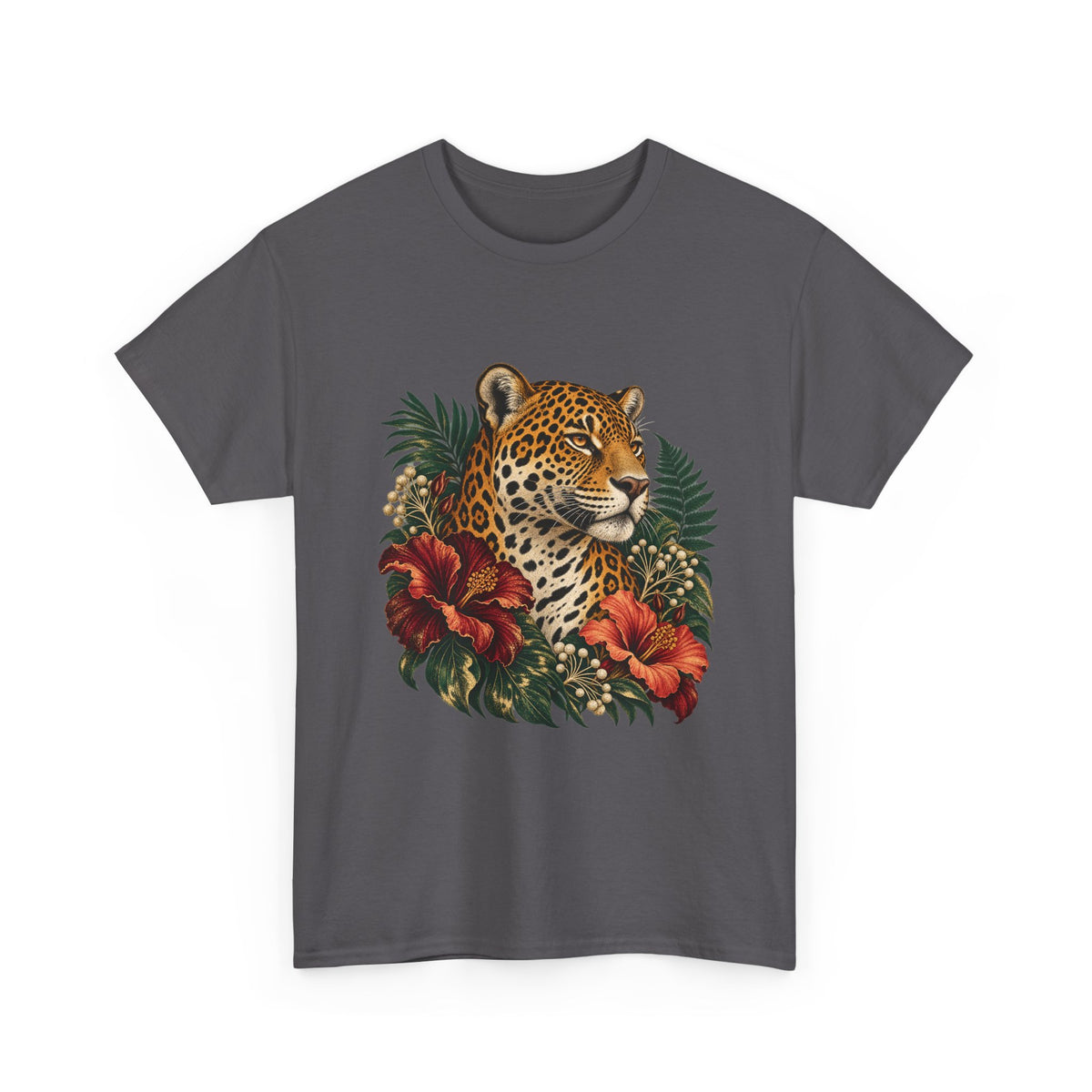 Jaguar Hibiscus Tropical T-Shirt Big Cat Floral Portrait Tee