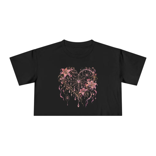 Gothic Spiderweb Heart Crop Tee, Pink Lilies Crystal Pastel Goth Whimsigoth Women's Cropped T-Shirt