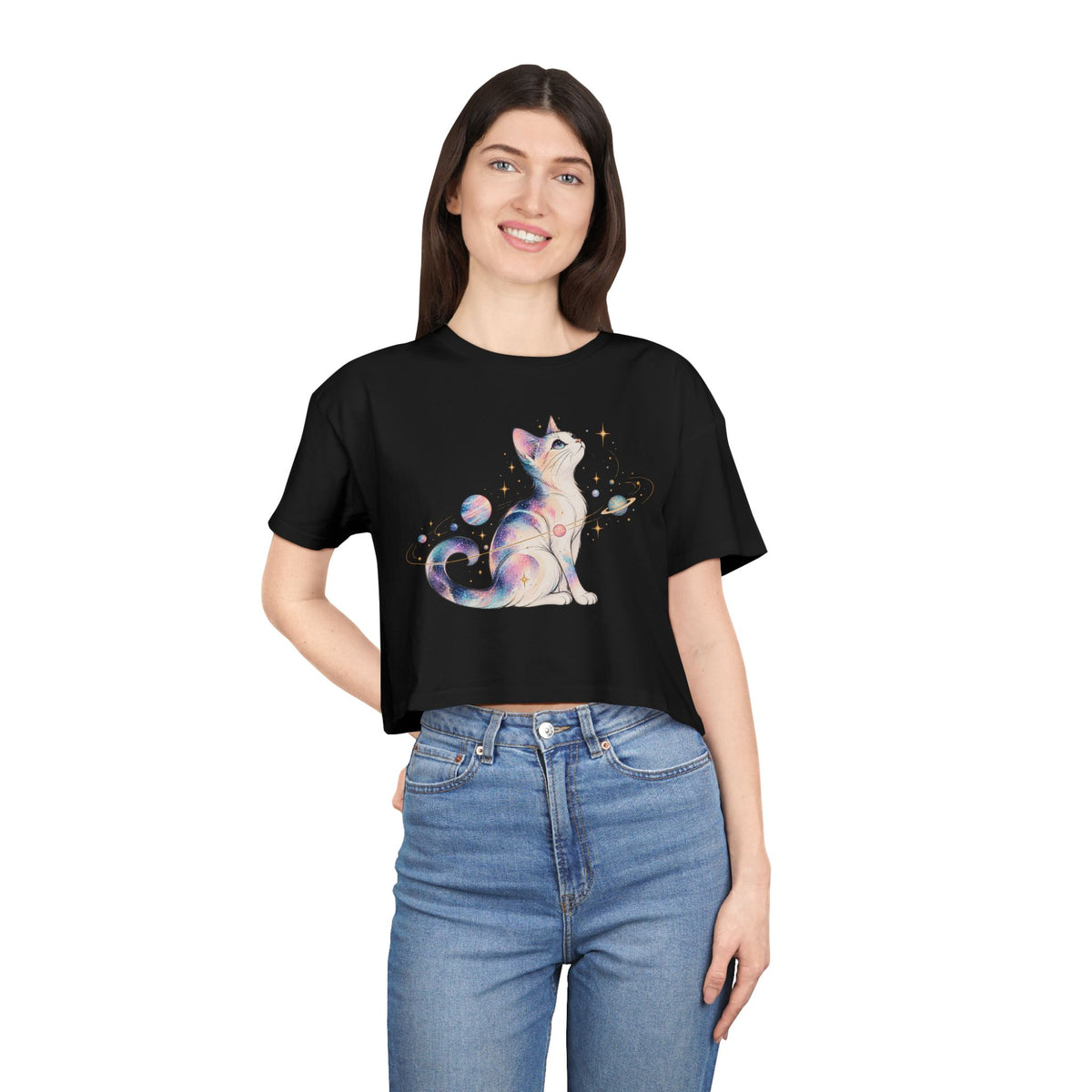 Cosmic Galaxy Cat Crop Tee, Pastel Watercolor Cat Planets Gold Stars Celestial Women's Cropped T-Shirt