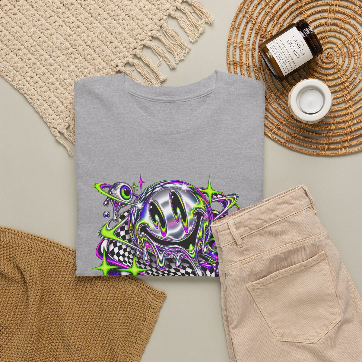 Chrome Melting Smiley T-Shirt Acid Trippy Y2K Psychedelic Tee