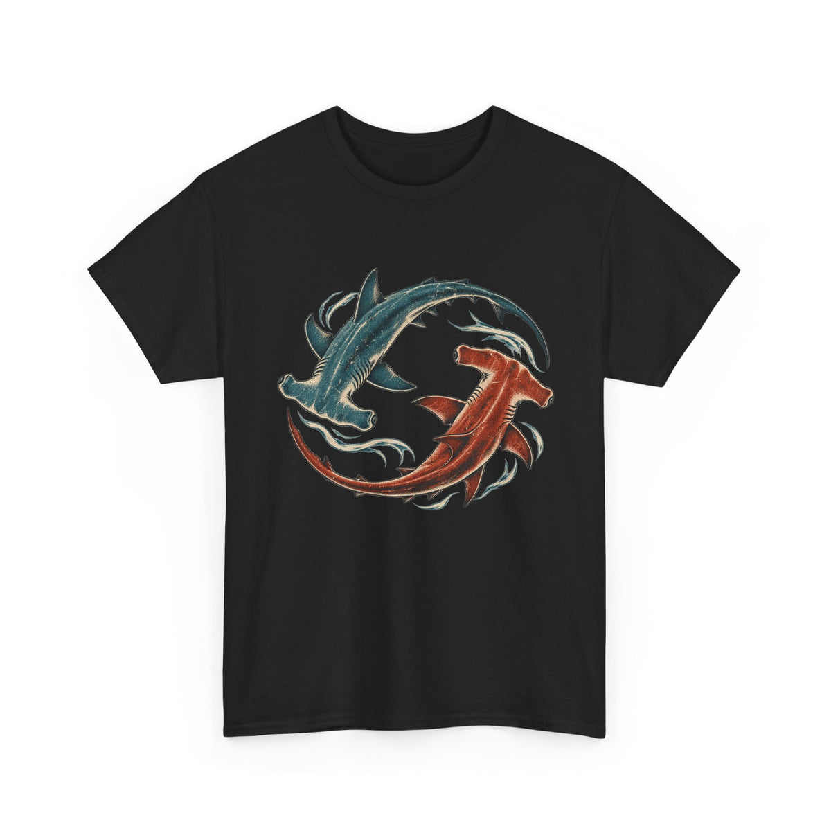 Twin Hammerhead Sharks T-Shirt Teal Orange Yin Yang Ocean Tee