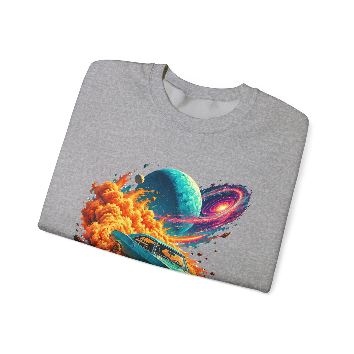 Cosmic Muscle Car Drift Crewneck Sweatshirt Teal Classic Car Orange Dust Planet Galaxy Art