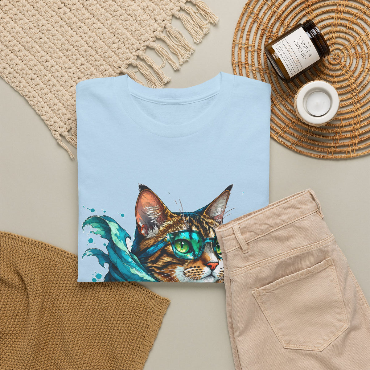 Tabby Cat in Glasses and Scarf T-Shirt Cool Hipster Cat Teal Splash Art