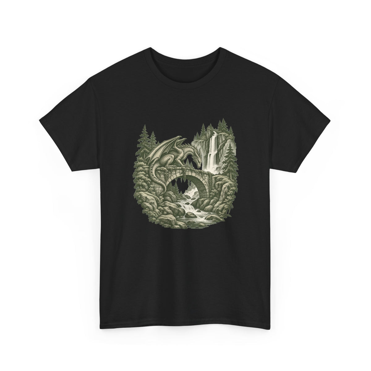 Dragon Forest Bridge T-Shirt Fantasy Waterfall Nature Dragon Tee