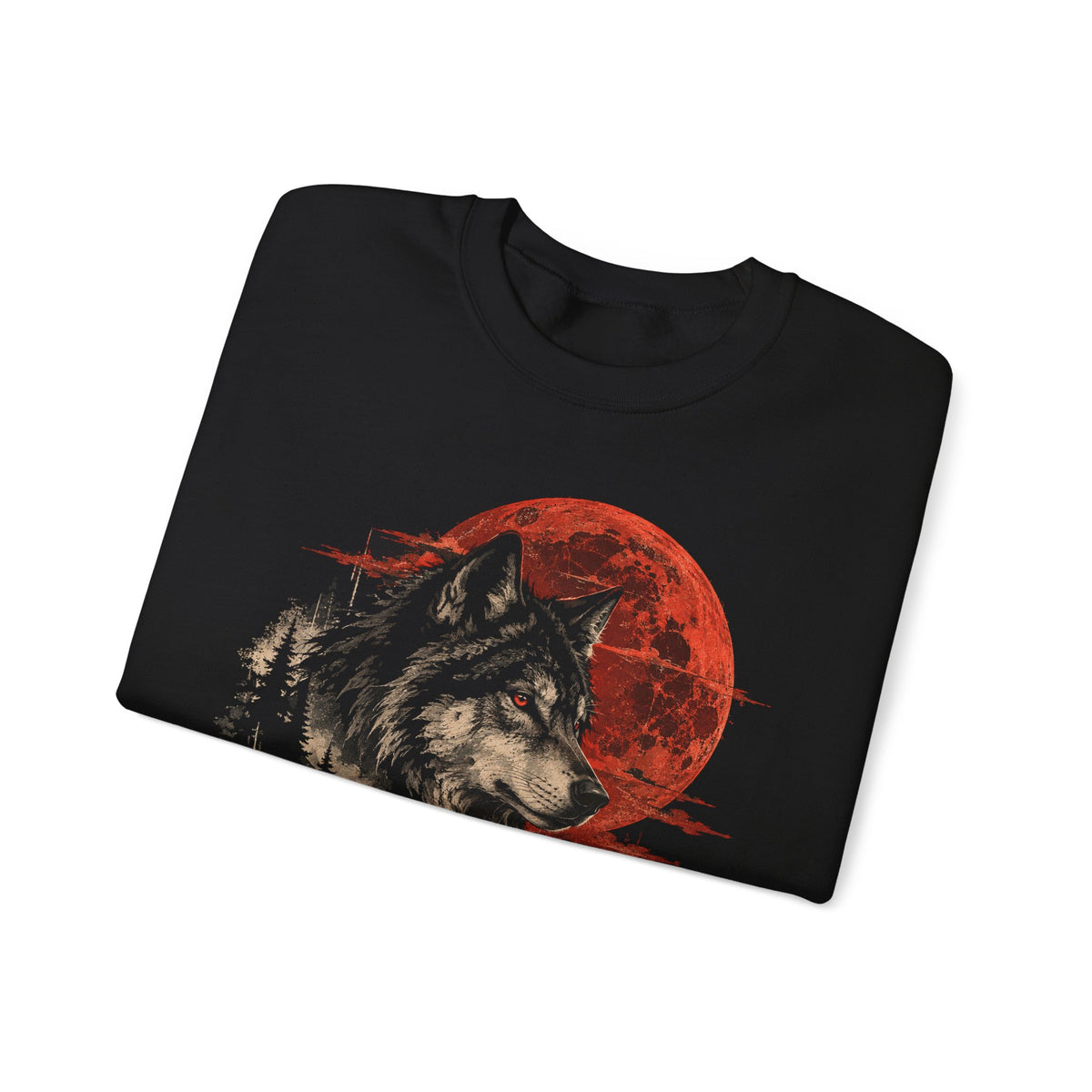 Blood Moon Wolf Sweatshirt Gray Wolf Red Full Moon Pine Forest Mountain Crewneck