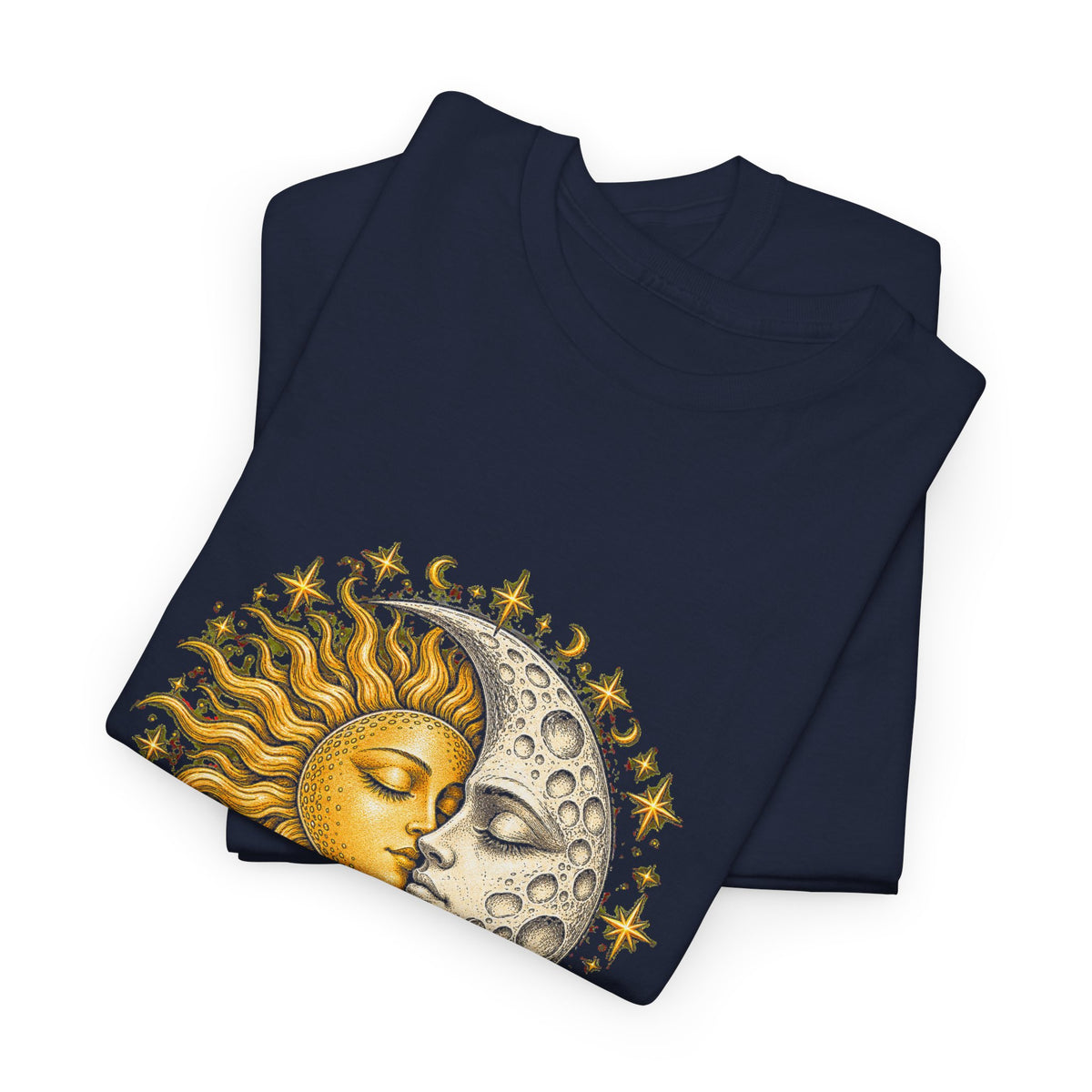 Celestial Sun and Moon Kiss T-Shirt Gold Silver Stars Romance Woodcut Tee