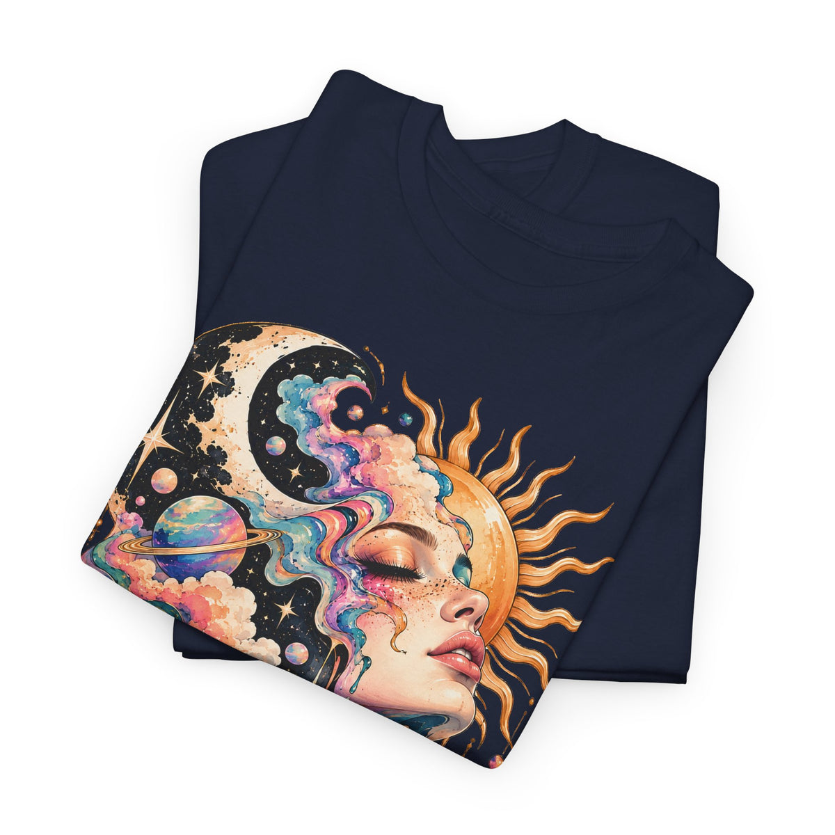 Celestial Sun and Moon Woman T-Shirt, Pastel Cloud Hair Melting Drip Planets Stars Graphic Tee Unisex