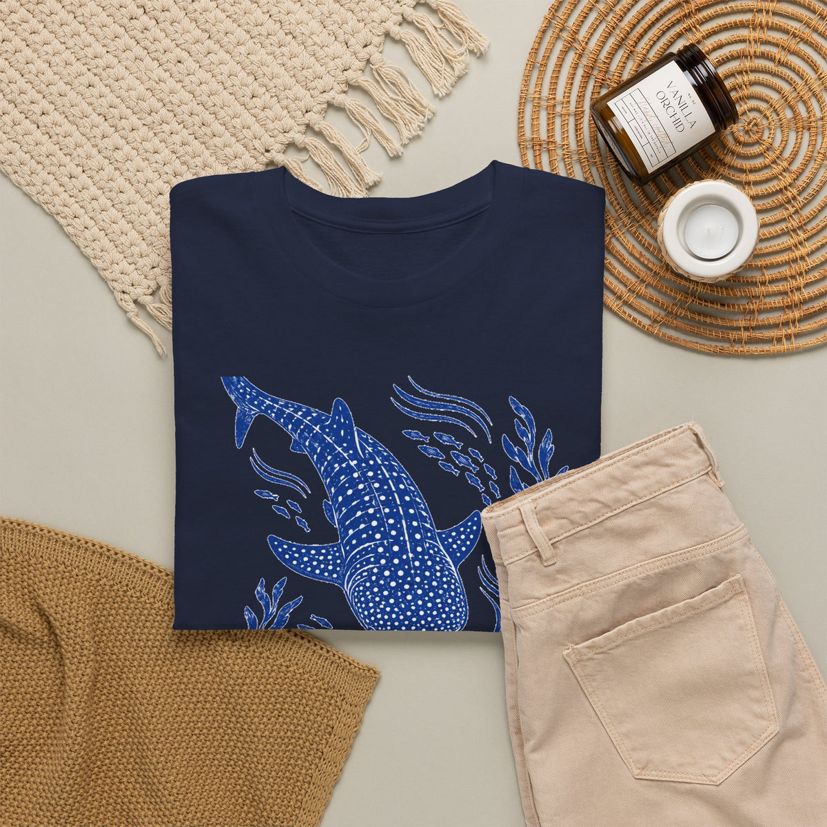 Whale Shark Linocut T-Shirt Blue Block Print Ocean Seaweed Fish Tee