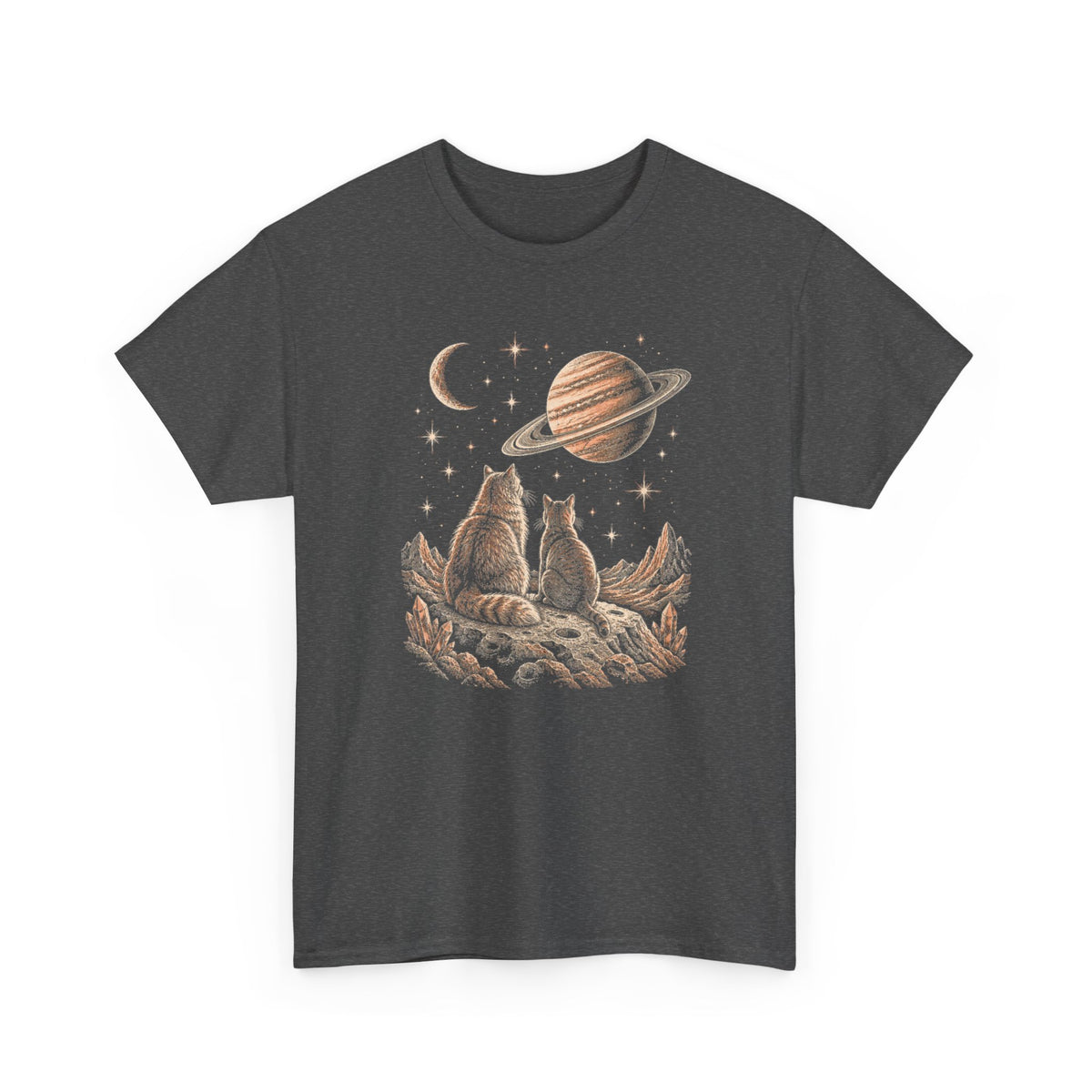 Celestial Space Cats T-Shirt Vintage Woodcut Cats Watching Stars Moon Saturn Tee