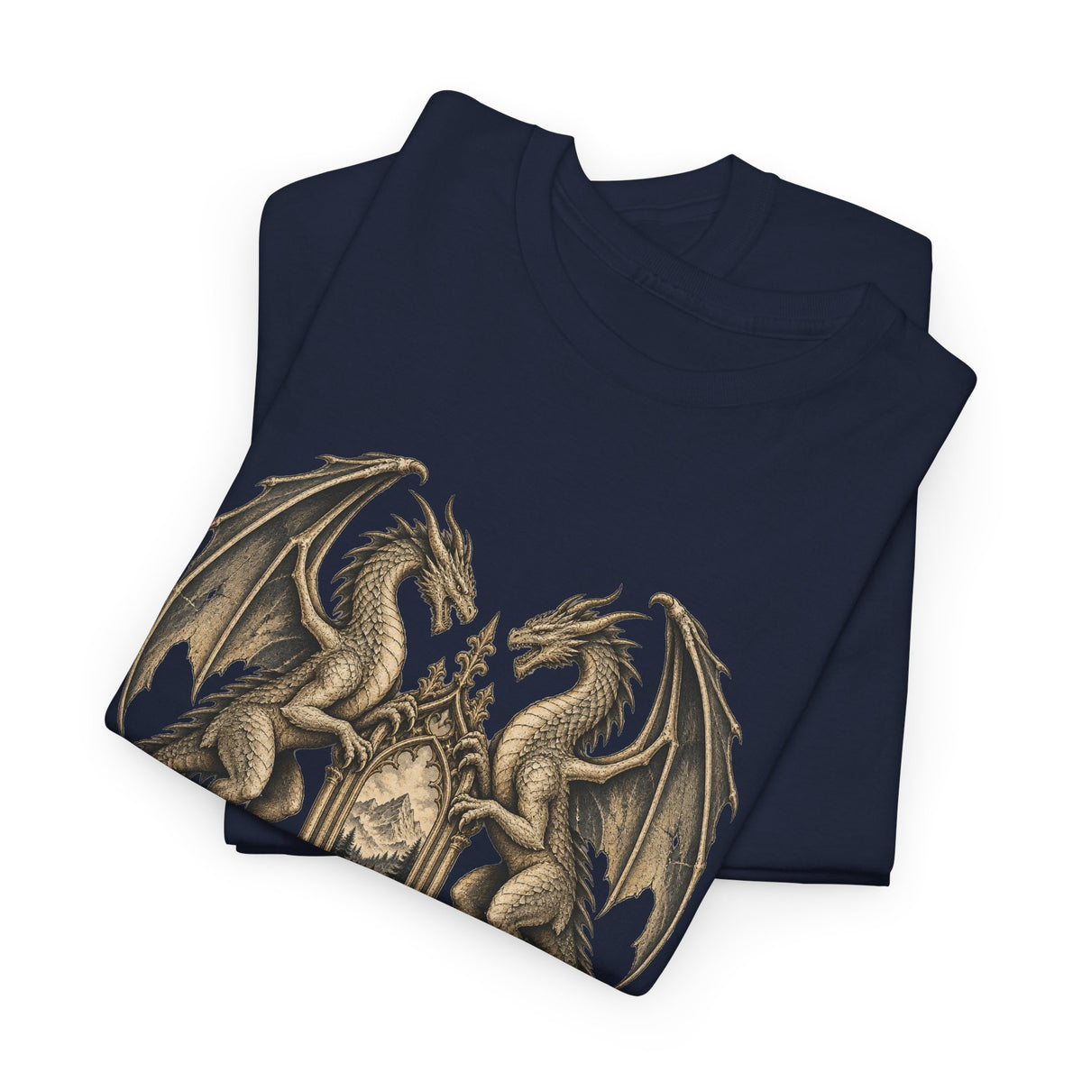 Twin Dragons Gate T-Shirt Fantasy Mountain Portal Dragon Tee