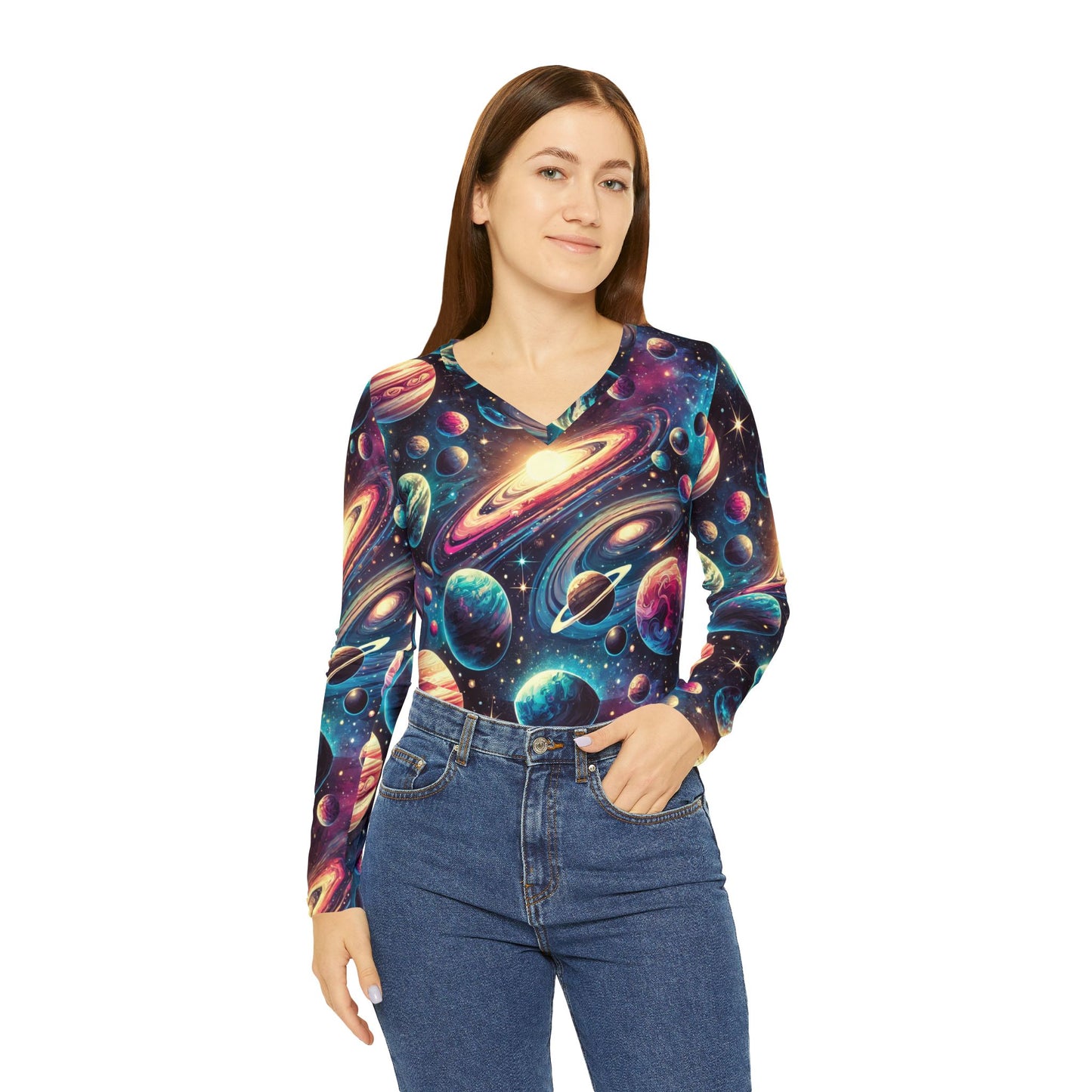 Space planets Women's Long Sleeve V-neck Shirt (AOP)