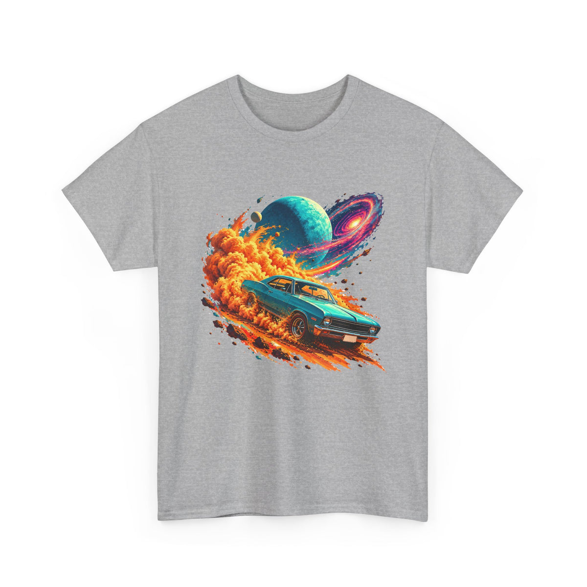 Cosmic Muscle Car Drift T-Shirt Teal Classic Car Orange Dust Planet Galaxy Art
