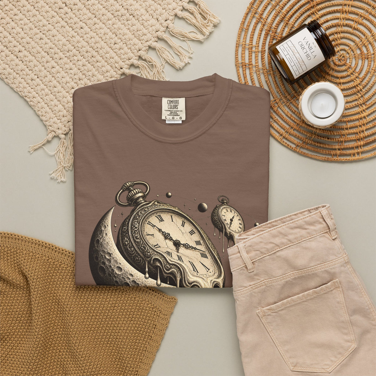 Melting Pocket Watch Crescent Moon Tee Surreal Celestial Time Shirt