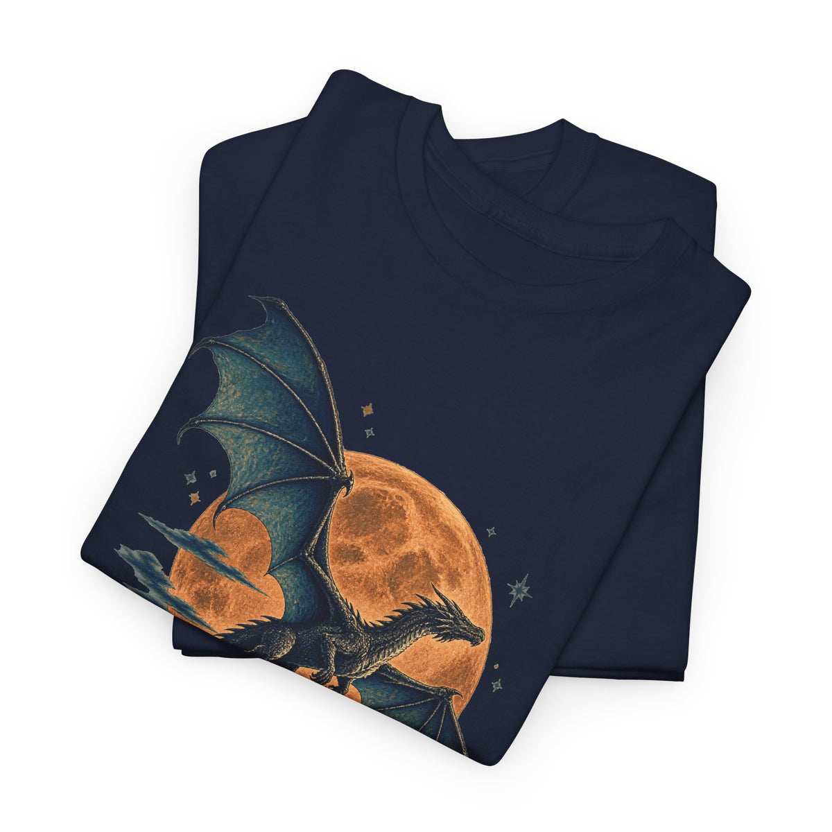 Dragon Full Moon Pine Forest T-Shirt Woodcut Fantasy Dragon Orange Moon Mountains Tee