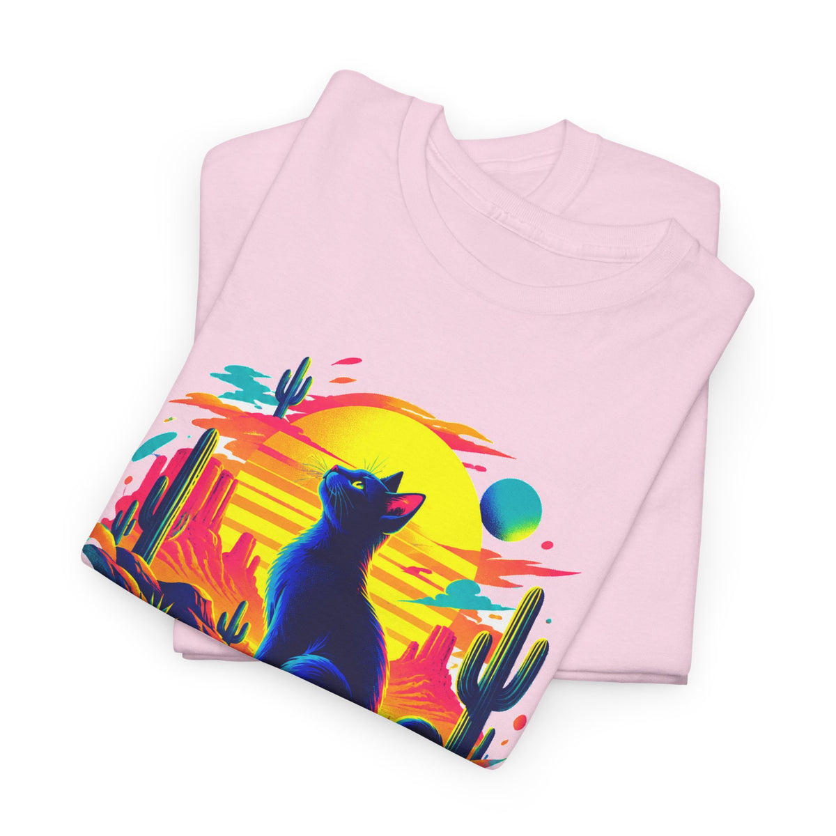 Neon Desert Black Cat T-Shirt Synthwave Sunset Cactus Oasis Cat Lover Tee