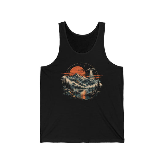 UFO Mountain Lake Tank Top Flying Saucer Orange Moon Alien Tank