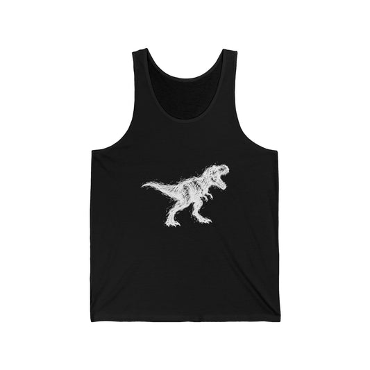 Scribble White T-Rex on Black Tank Top Minimal Line Art Dinosaur
