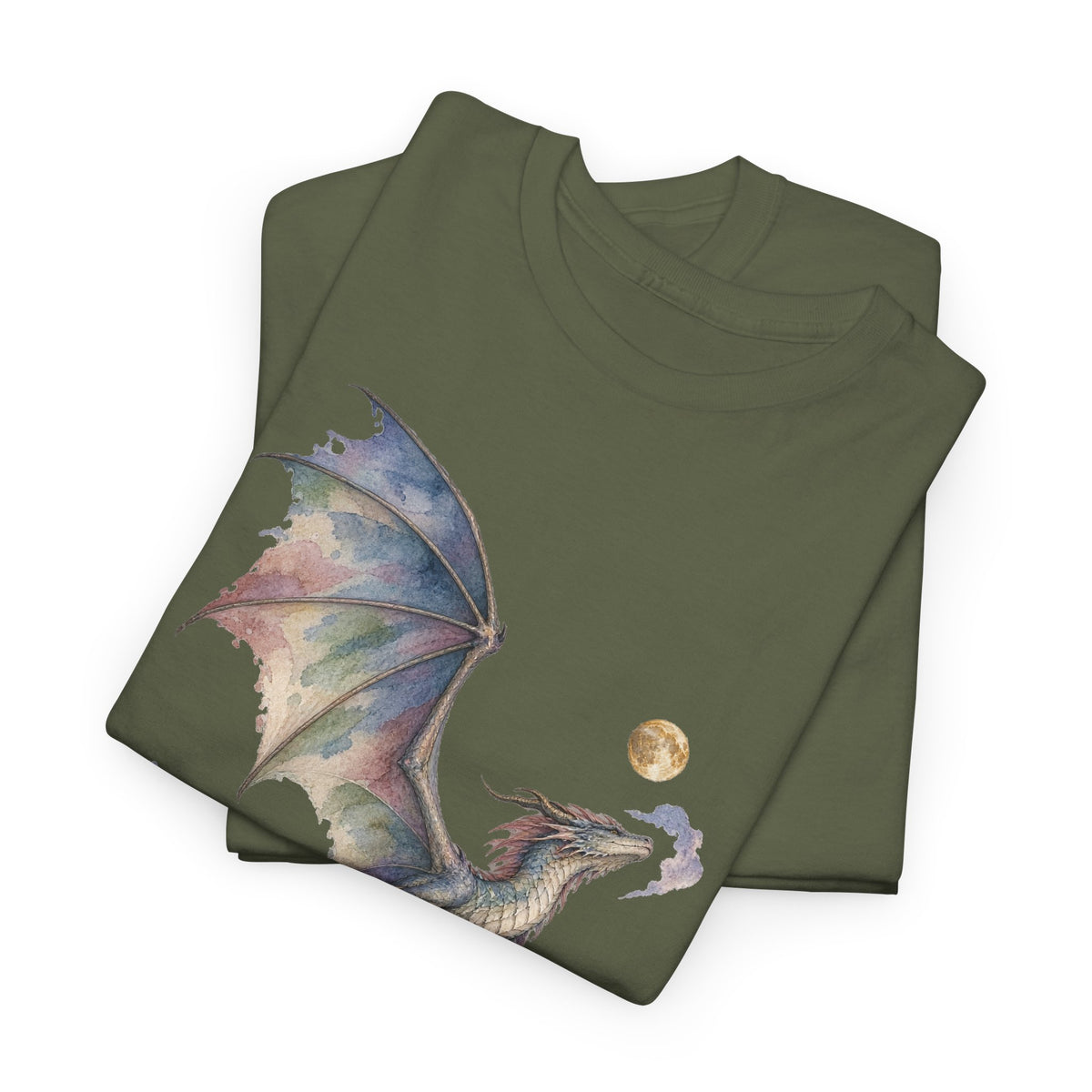 Watercolor Celestial Dragon Moon T-Shirt Fantasy Dragon Full Moon Clouds Dark Tee