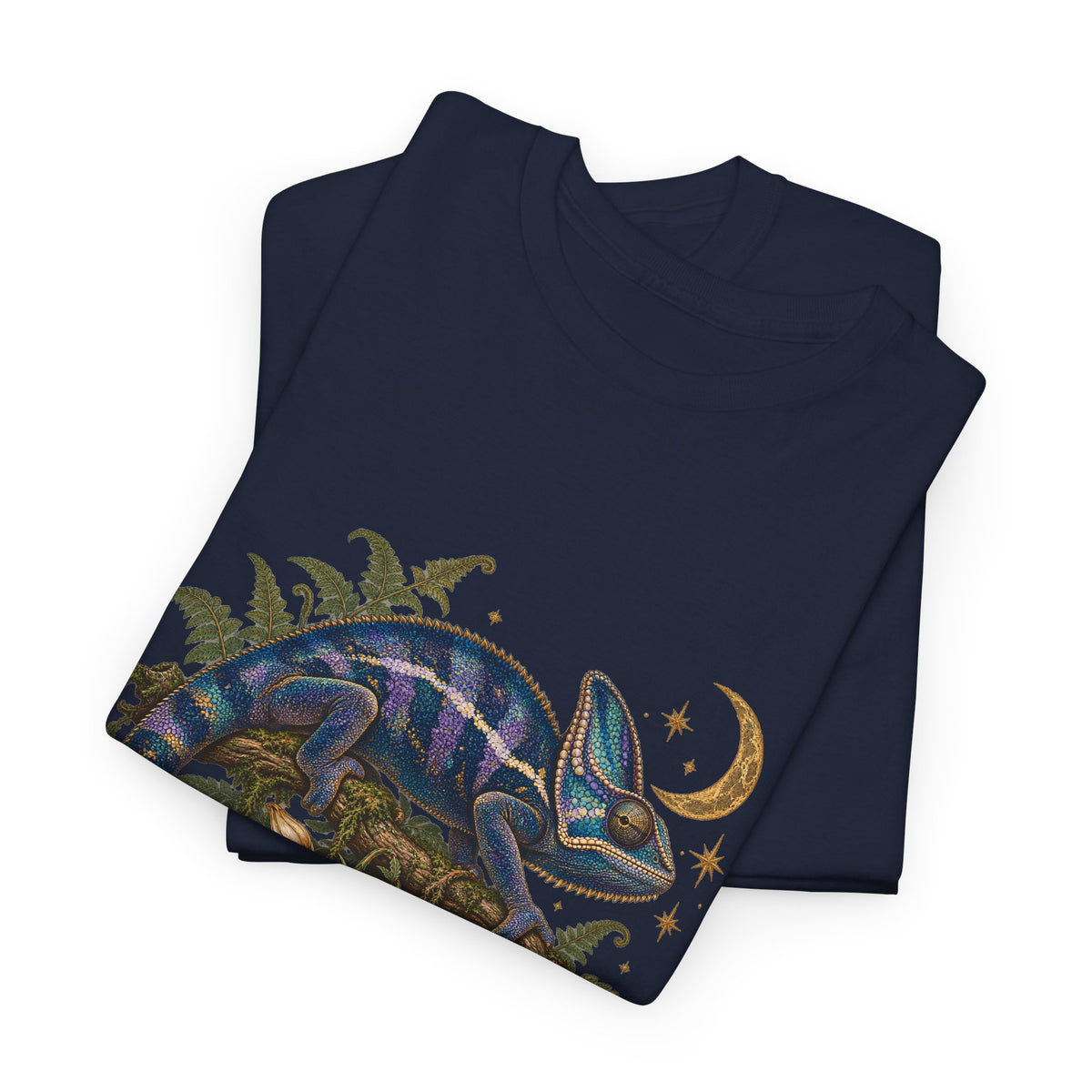 Night Bloom Chameleon T-Shirt Celestial Crescent Moon Ferns Reptile Tee
