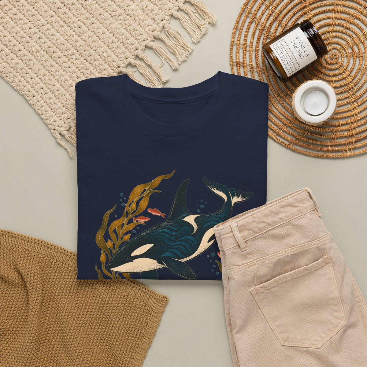 Orca Kelp Duo Tee Two Killer Whales Golden Kelp Forest Orange Fish Ocean Shirt