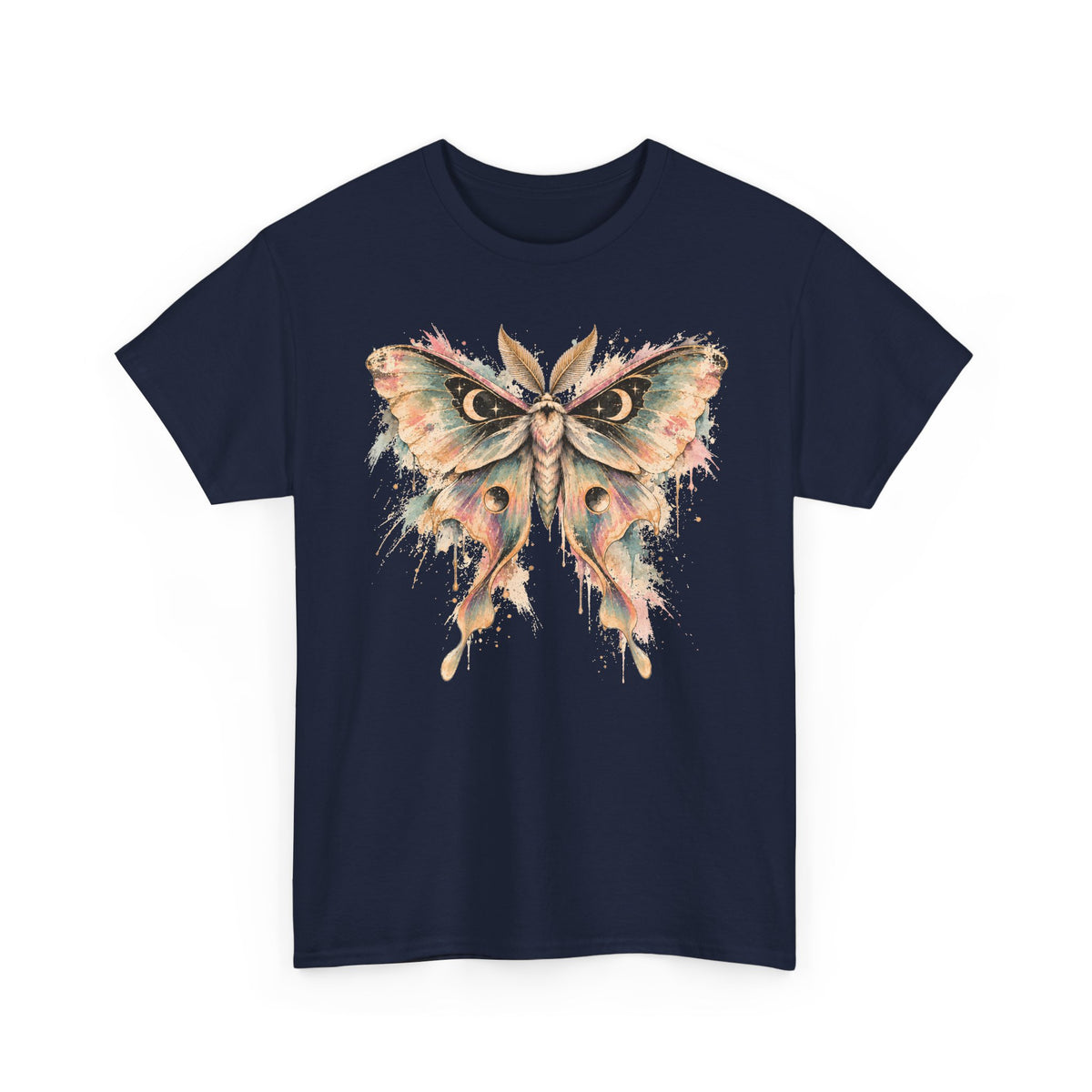 Celestial Luna Moth T-Shirt, Pastel Watercolor Moth Crescent Moon Stars Paint Drip Graphic Tee Unisex