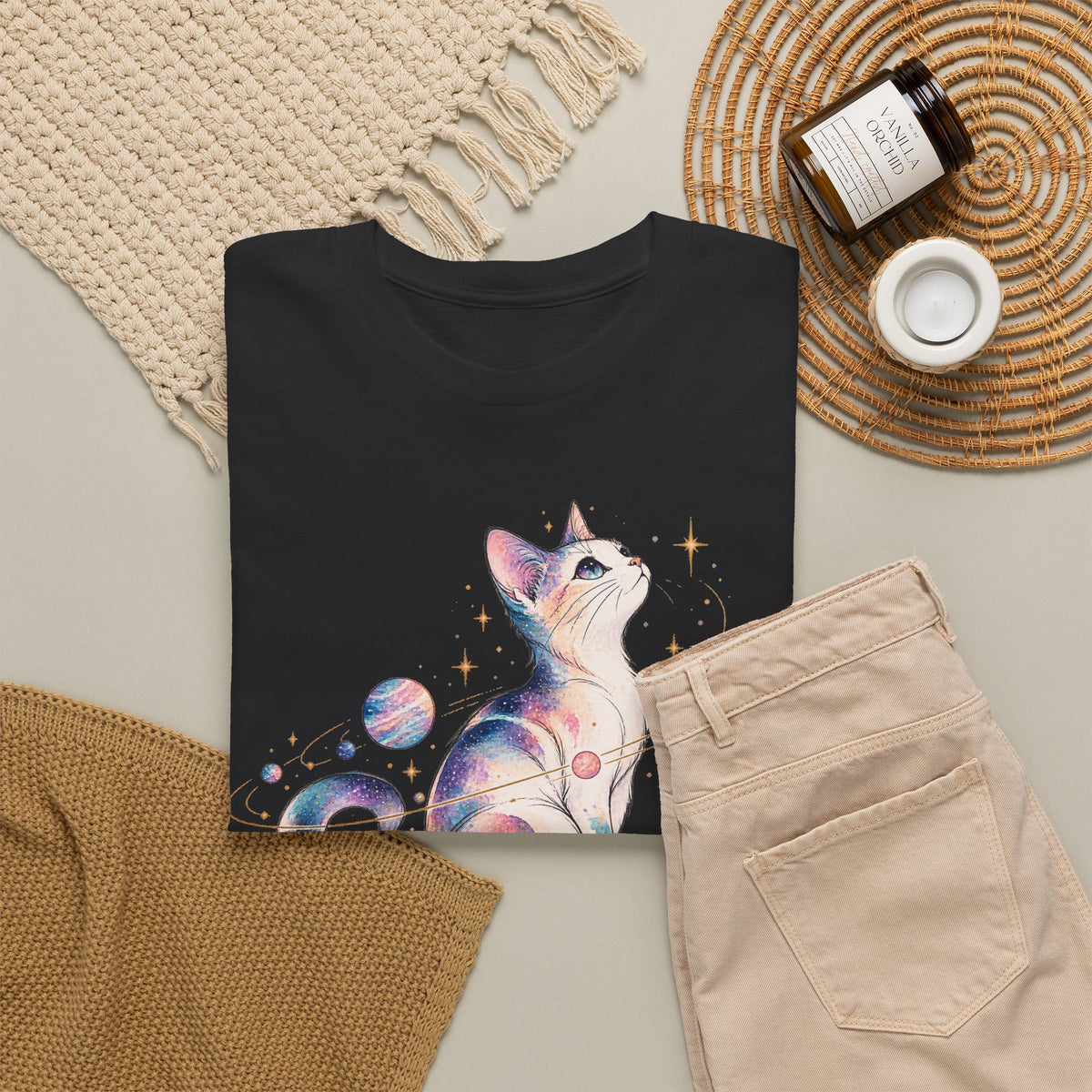 Cosmic Galaxy Cat T-Shirt, Pastel Watercolor Cat Planets Gold Stars Celestial Graphic Tee Unisex
