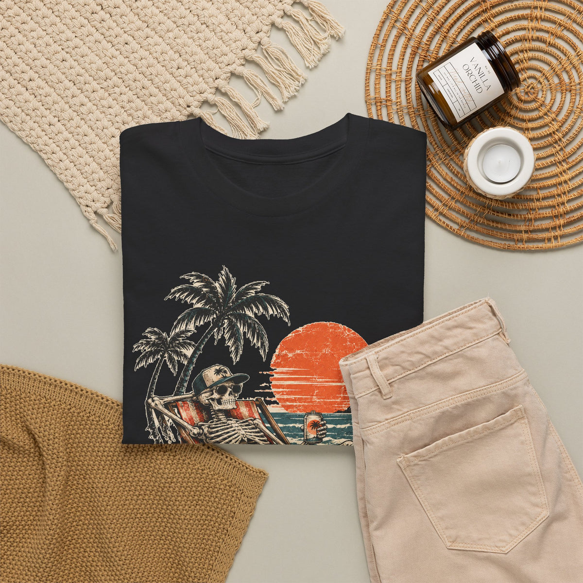 Beach Skeleton Sunset T-Shirt Palm Trees Vacation Mode Funny Skeleton Graphic Tee