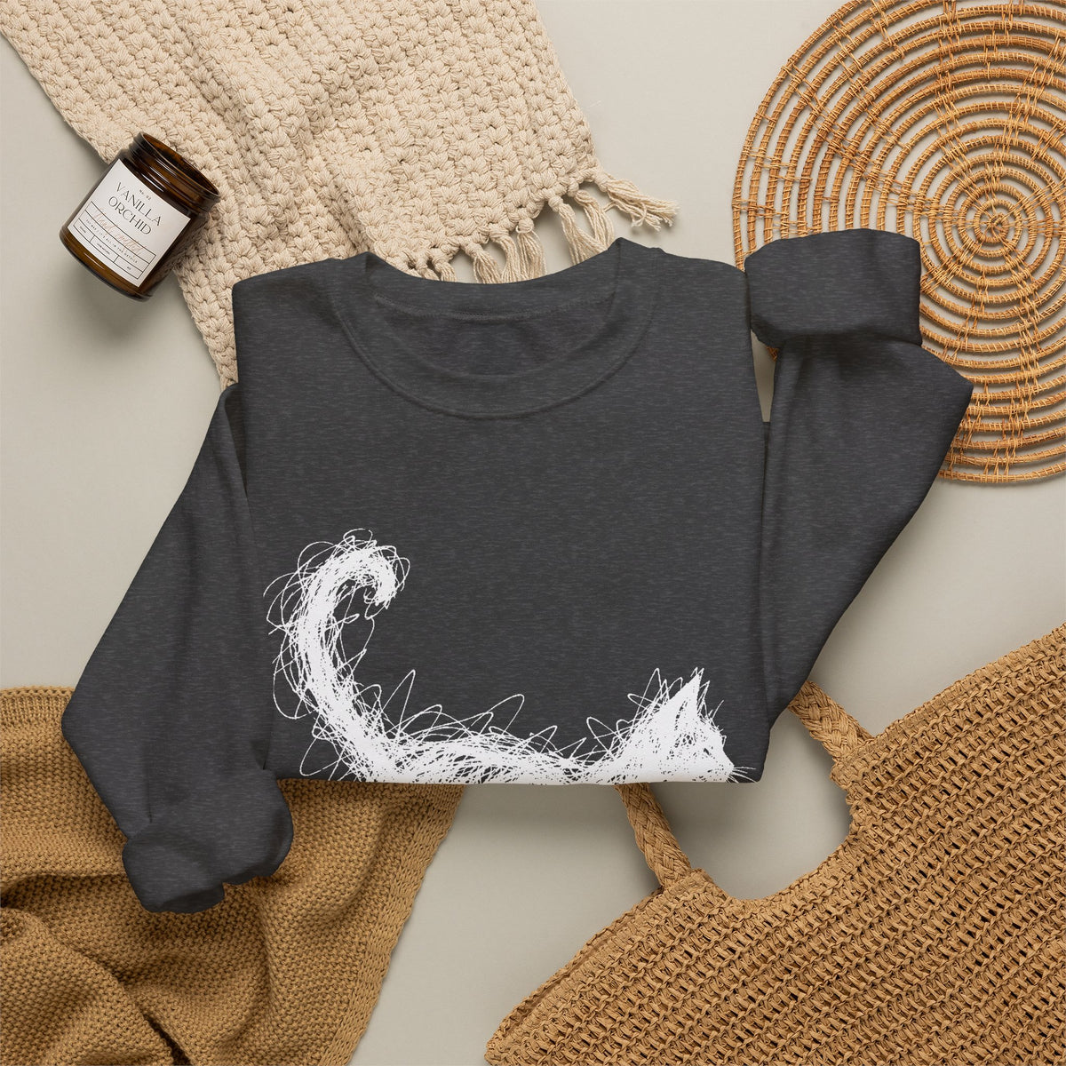 Scribble White Cat on Black Sweatshirt Minimal Line Art Cat