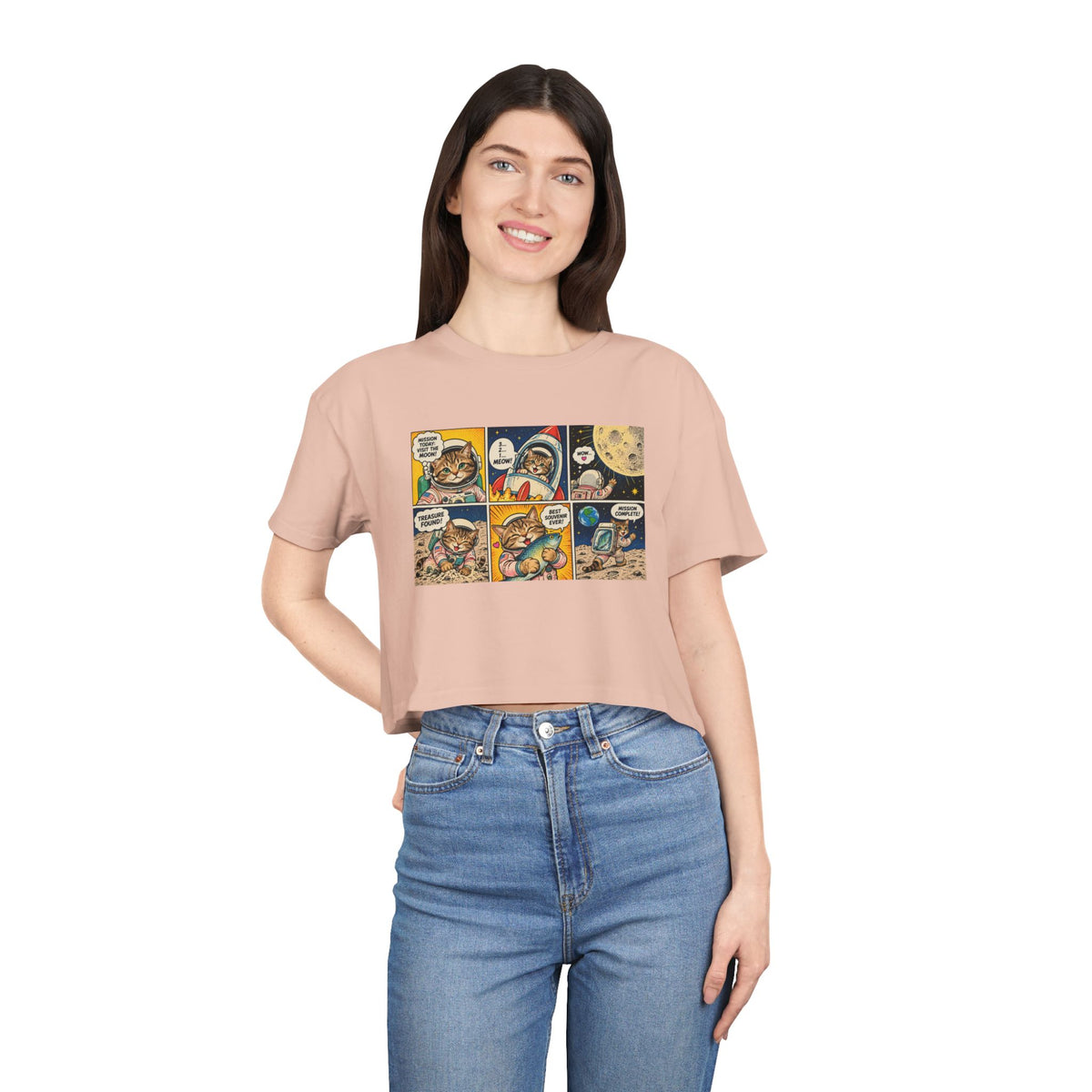 Astronaut Cat Comic Crop Tee, Space Cat Moon Mission Fish Funny Comic Strip Women's Cropped T-Shirt