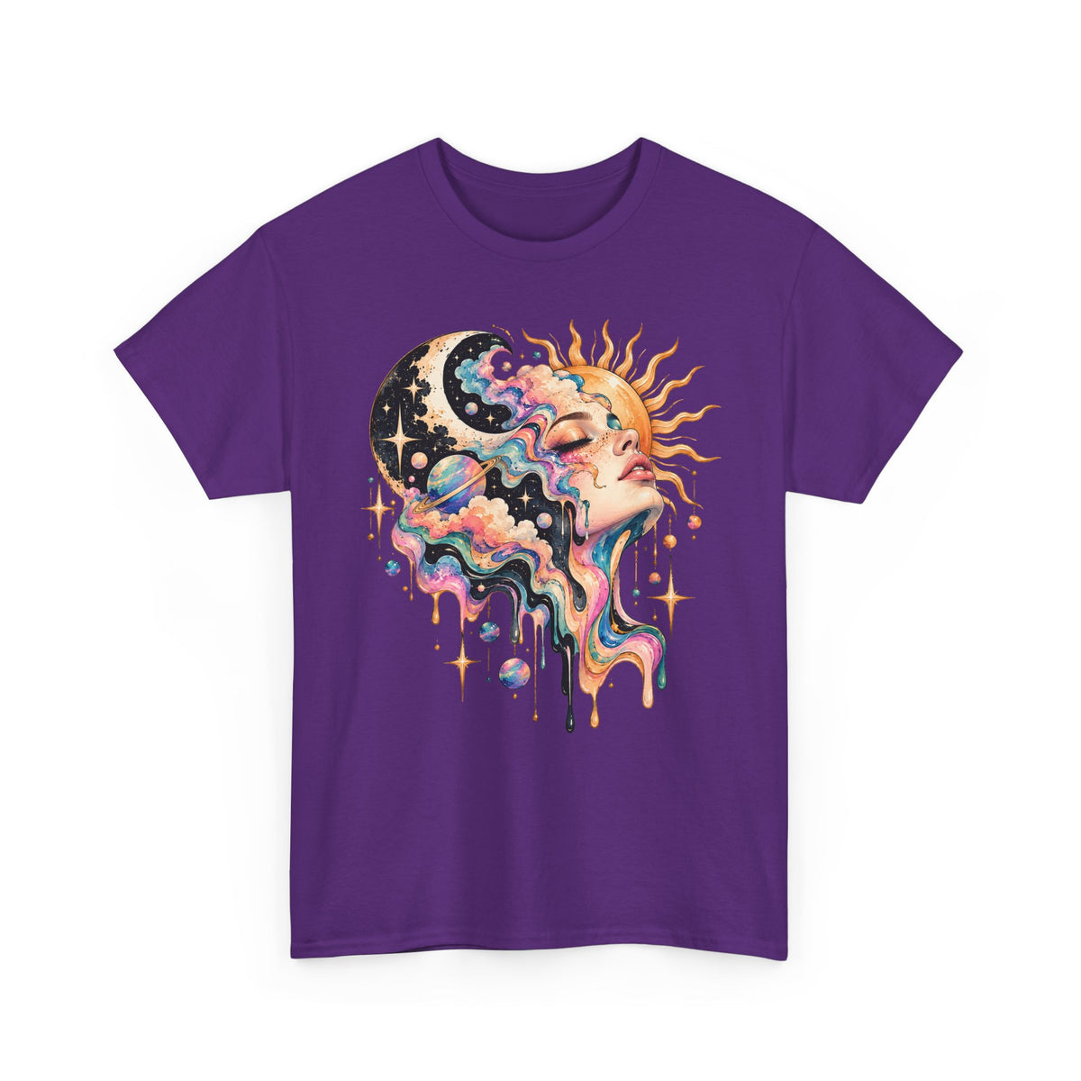 Celestial Sun and Moon Woman T-Shirt, Pastel Cloud Hair Melting Drip Planets Stars Graphic Tee Unisex