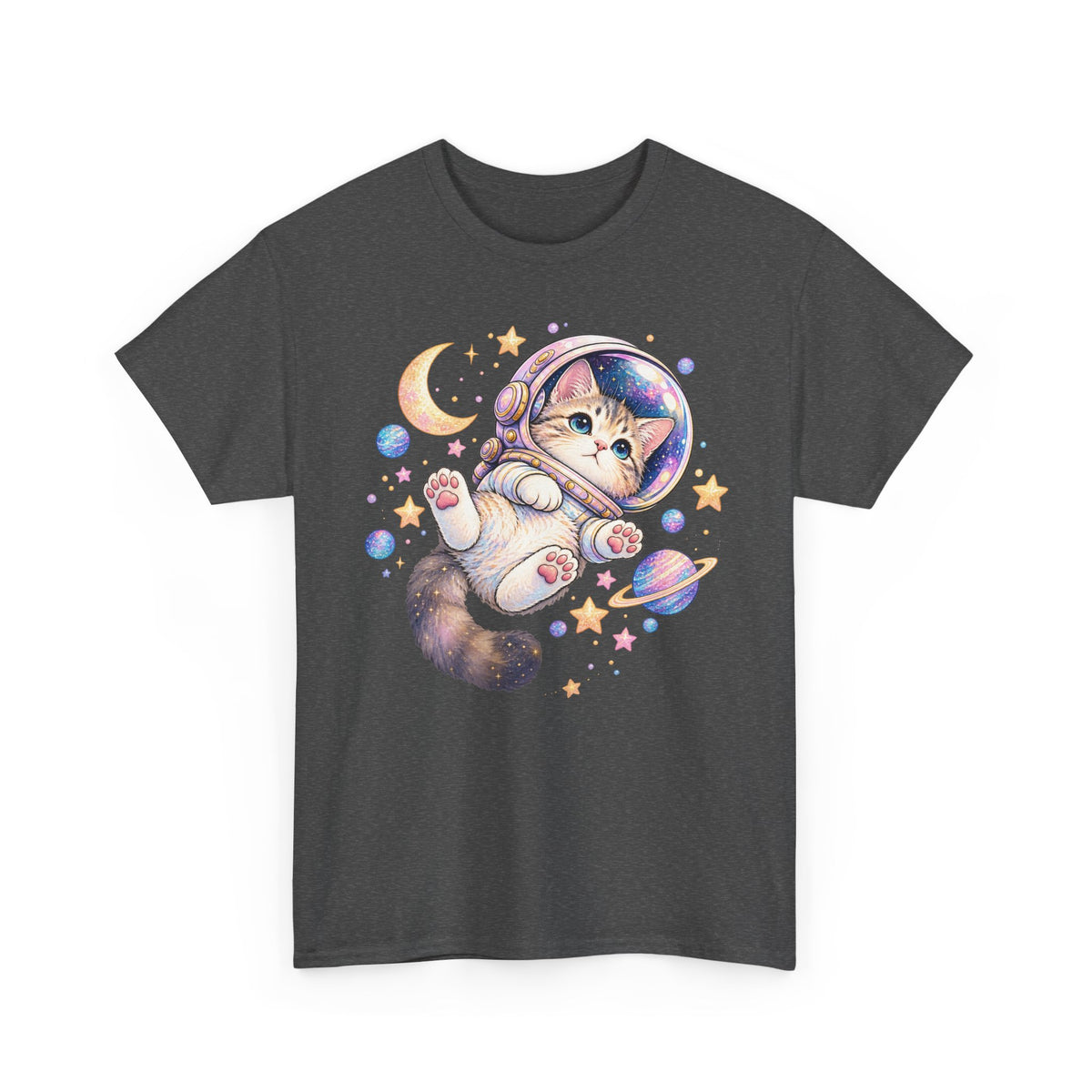 Astronaut Kitten T-Shirt, Cute Pastel Space Cat Helmet Moon Planets Stars Graphic Tee Unisex