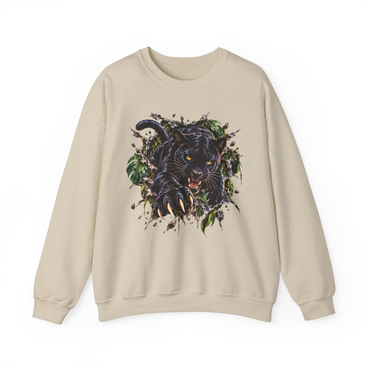 Black Jaguar Sweatshirt Snarling Big Cat Jungle Leaves Crewneck