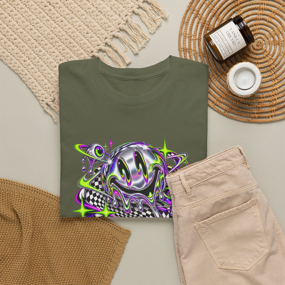 Chrome Melting Smiley T-Shirt Acid Trippy Y2K Psychedelic Tee