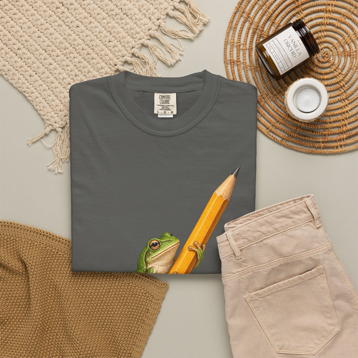 Green Tree Frog on Yellow Pencil Tee Cute Frog Pencil Macro Wildlife Shirt
