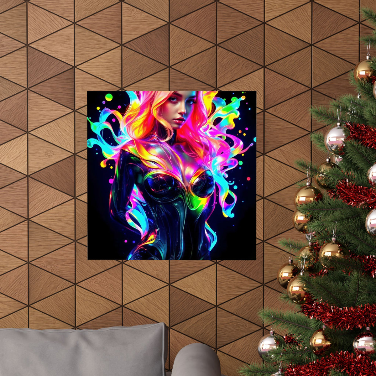 Neon Splash Rainbow Hair Woman Poster Matte Vertical Wall Art