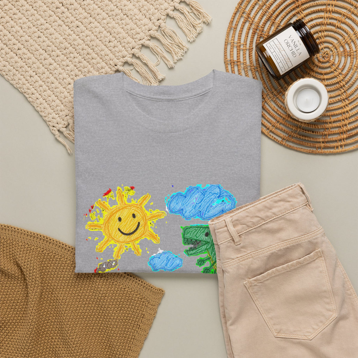 Kids Crayon Drawing T-Shirt Dinosaur Dog Sun House Cute Childlike Art Tee