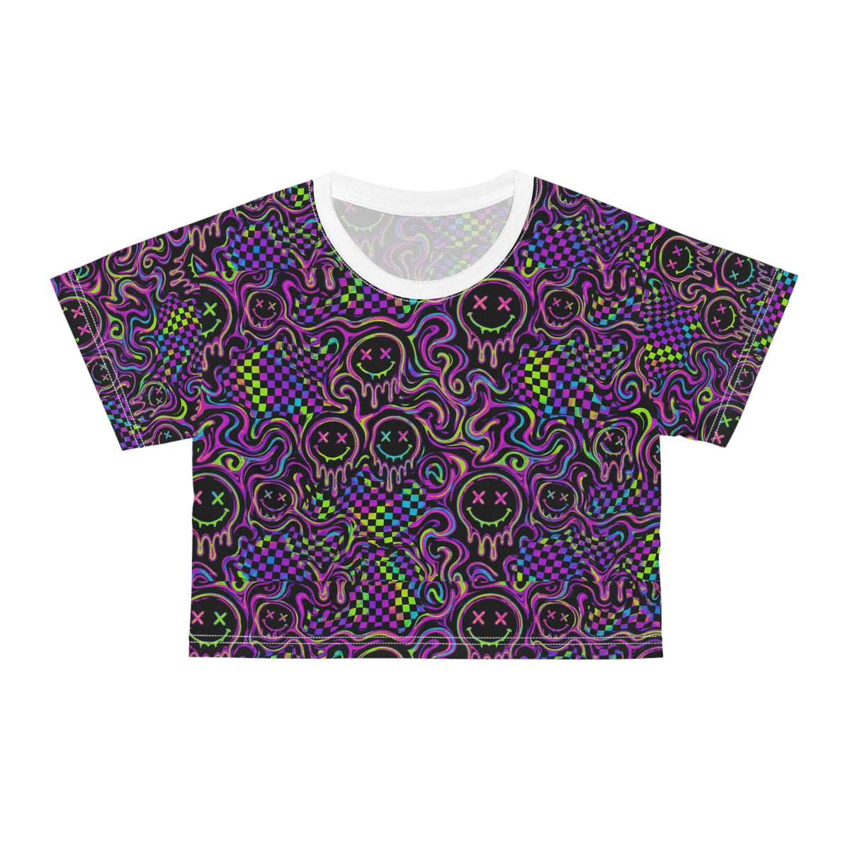 Neon Acid Smiley Rave Crop Top Women Trippy Checkerboard EDM Festival Outfit