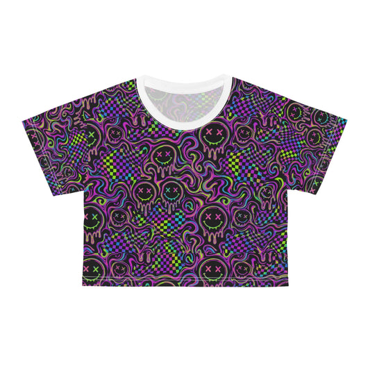 Neon Acid Smiley Rave Crop Top Women Trippy Checkerboard EDM Festival Outfit