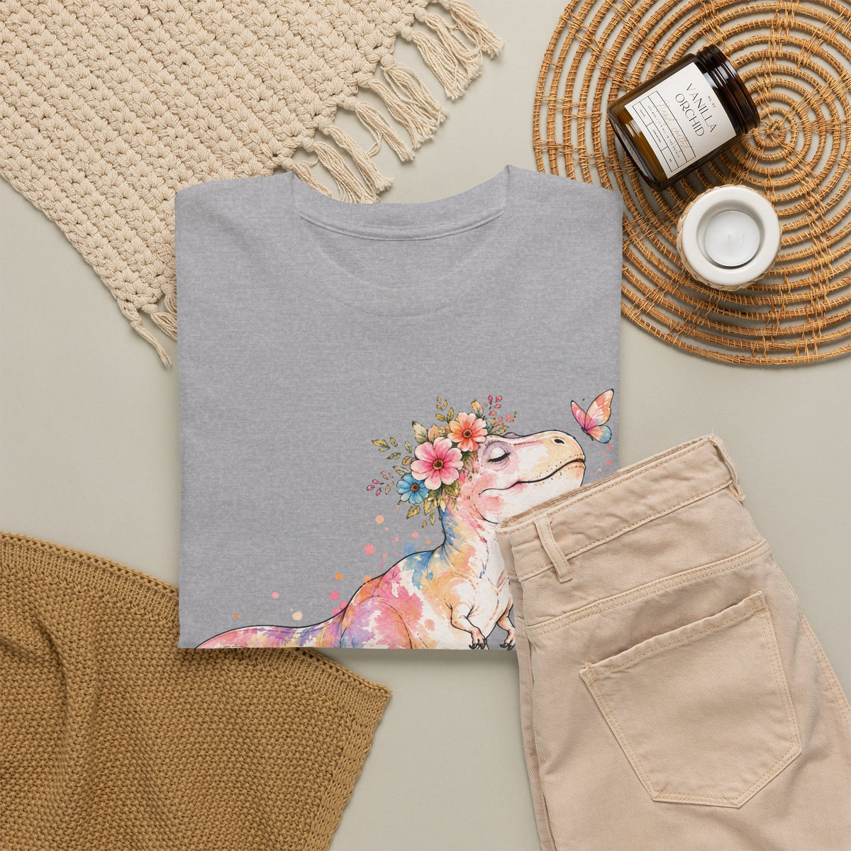 Watercolor T-Rex T-Shirt, Pastel Dinosaur Flower Crown Butterfly Graphic Tee Unisex Cute Dino Shirt