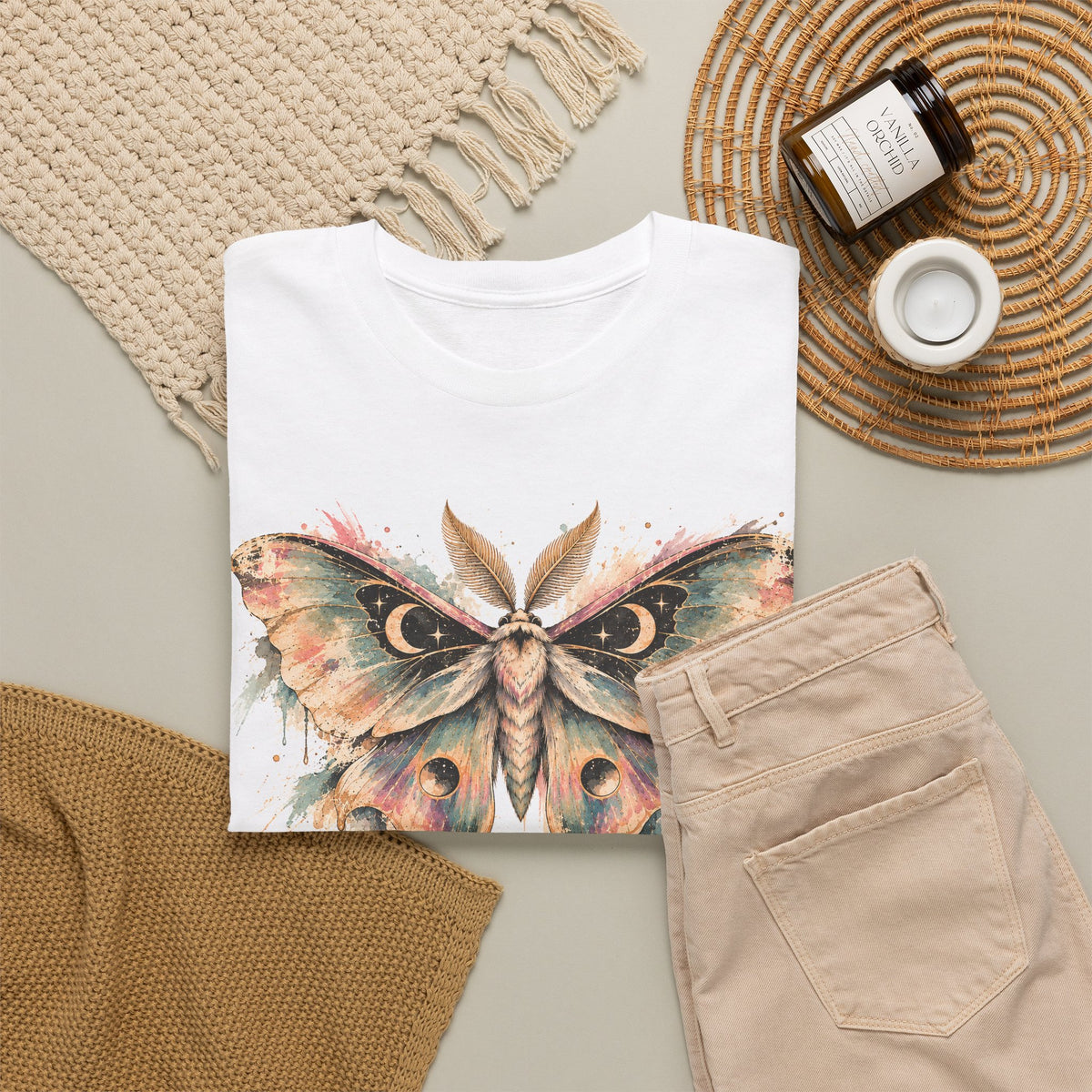 Celestial Luna Moth T-Shirt, Pastel Watercolor Moth Crescent Moon Stars Paint Drip Graphic Tee Unisex