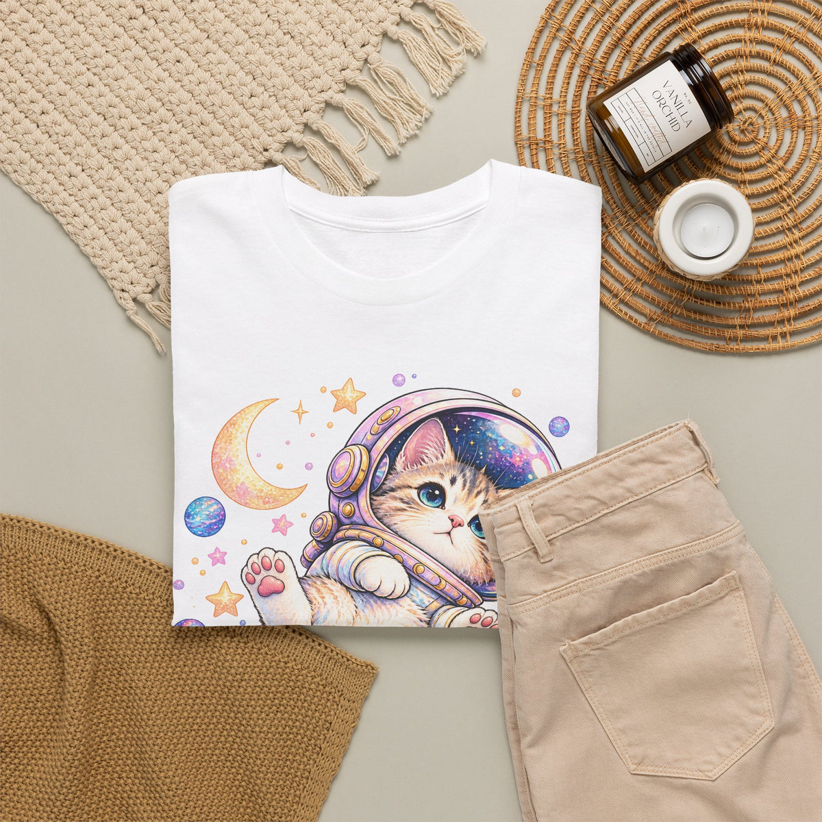 Astronaut Kitten T-Shirt, Cute Pastel Space Cat Helmet Moon Planets Stars Graphic Tee Unisex