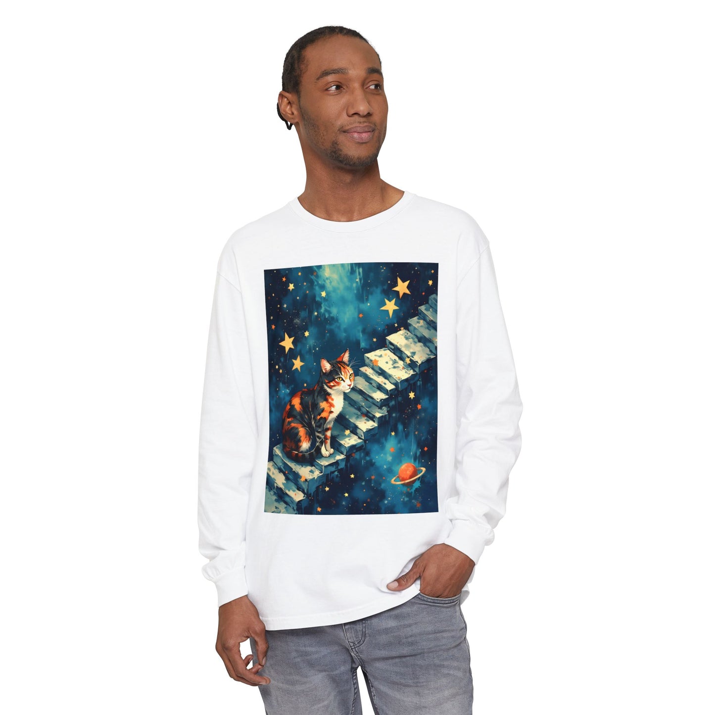 Long Sleeve T-Shirt - Cat on a Stairway to the Stars