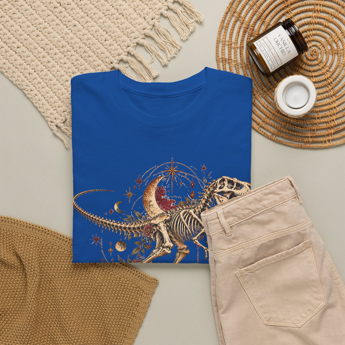 Celestial T-Rex Skeleton T-Shirt, Dinosaur Fossil Moon Stars Graphic Tee Unisex Dark Academia Shirt