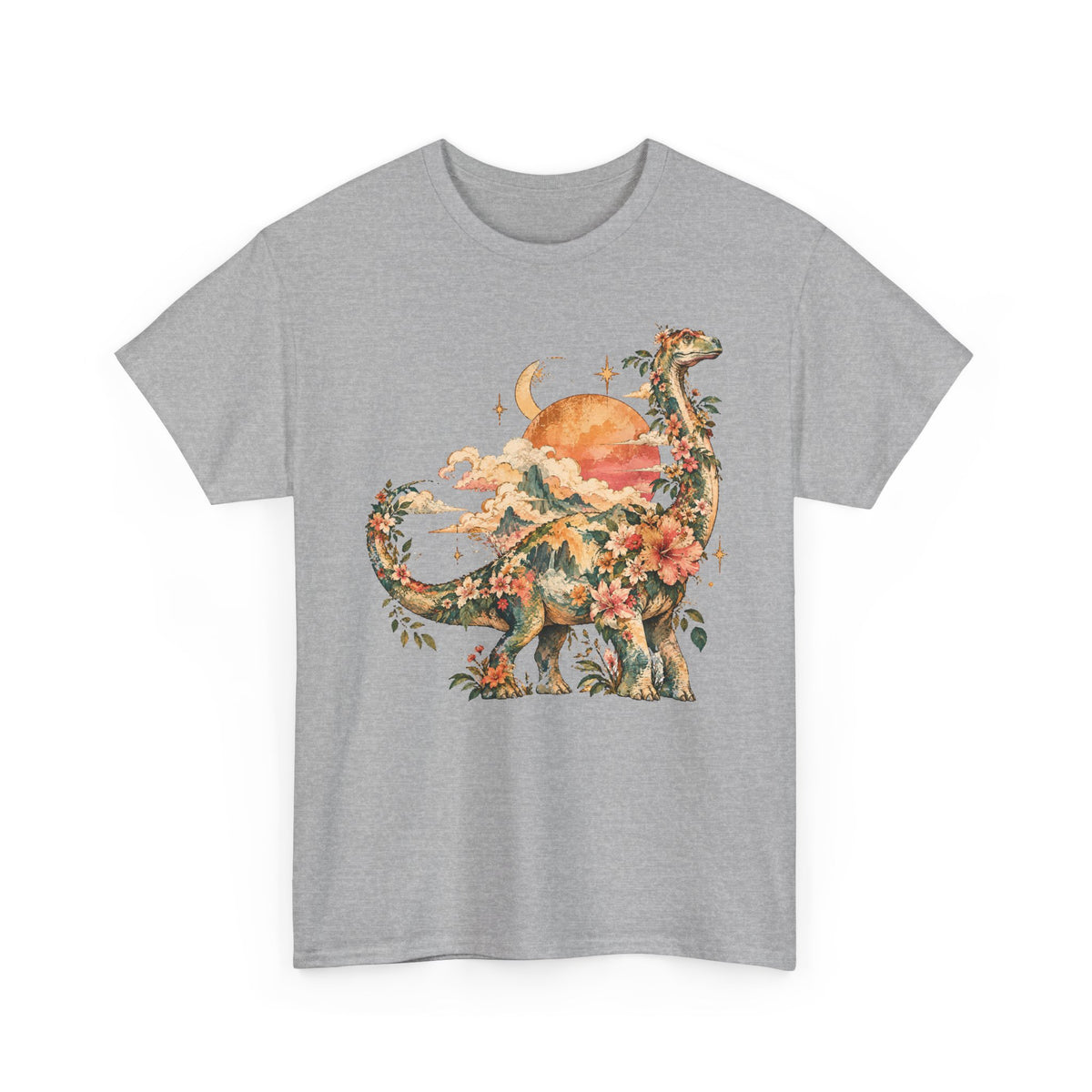 Floral Dinosaur T-Shirt, Vintage Brontosaurus Sunset Mountains Graphic Tee Unisex Nature Shirt