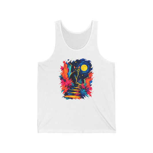 Black Cat on Moonlit Stairs Tank Top Swirling Night Sky Yellow Moon Colorful Cat Art Tank