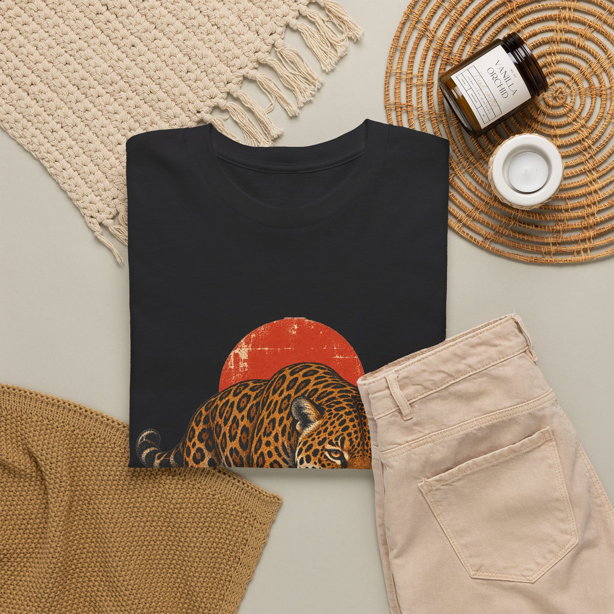 Jaguar Monstera Sun T-Shirt Jungle Cat Tropical Leaves Tee
