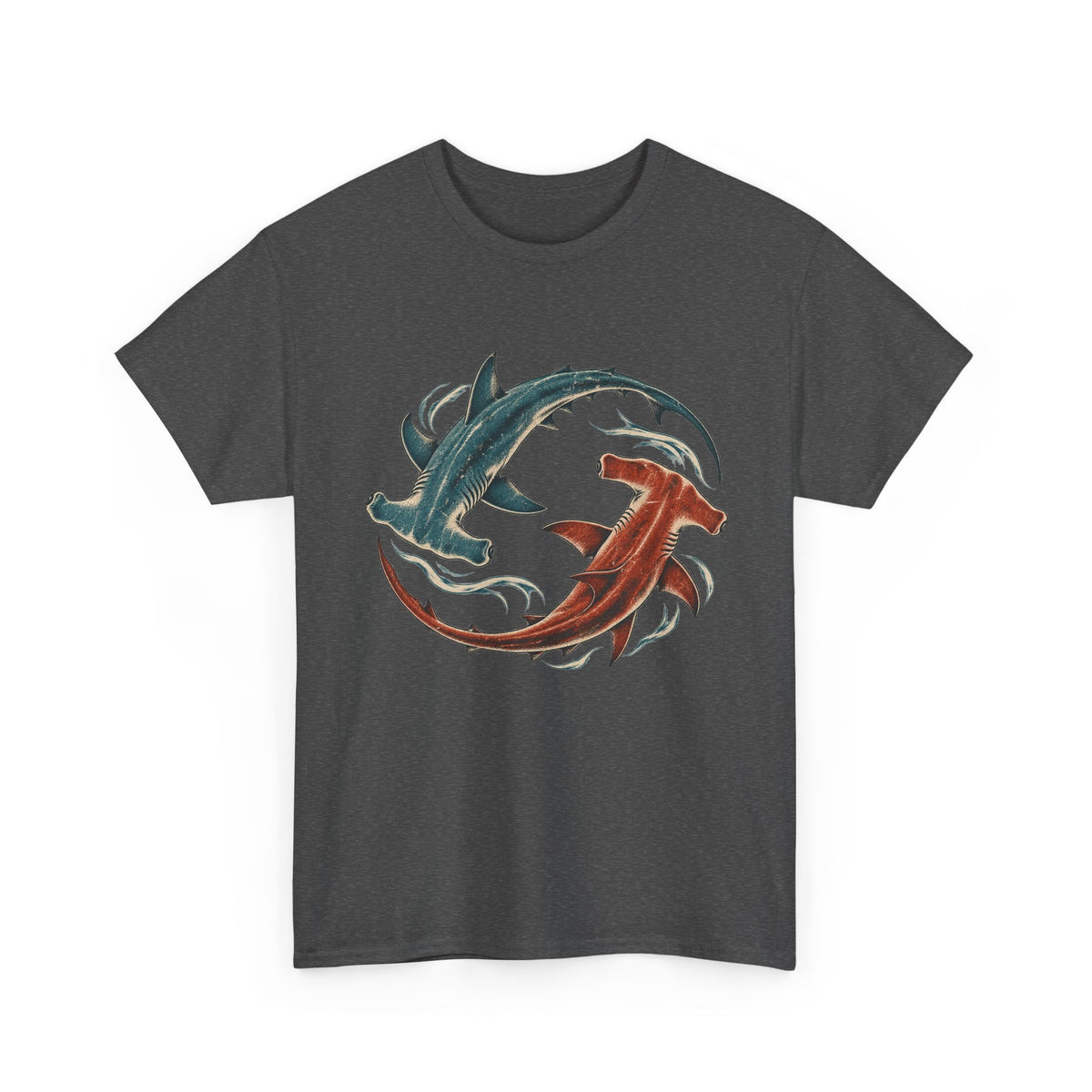 Twin Hammerhead Sharks T-Shirt Teal Orange Yin Yang Ocean Tee