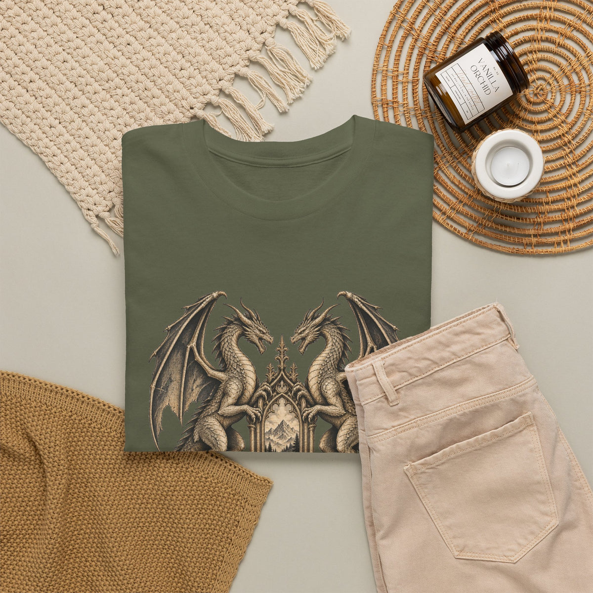 Twin Dragons Gate T-Shirt Fantasy Mountain Portal Dragon Tee
