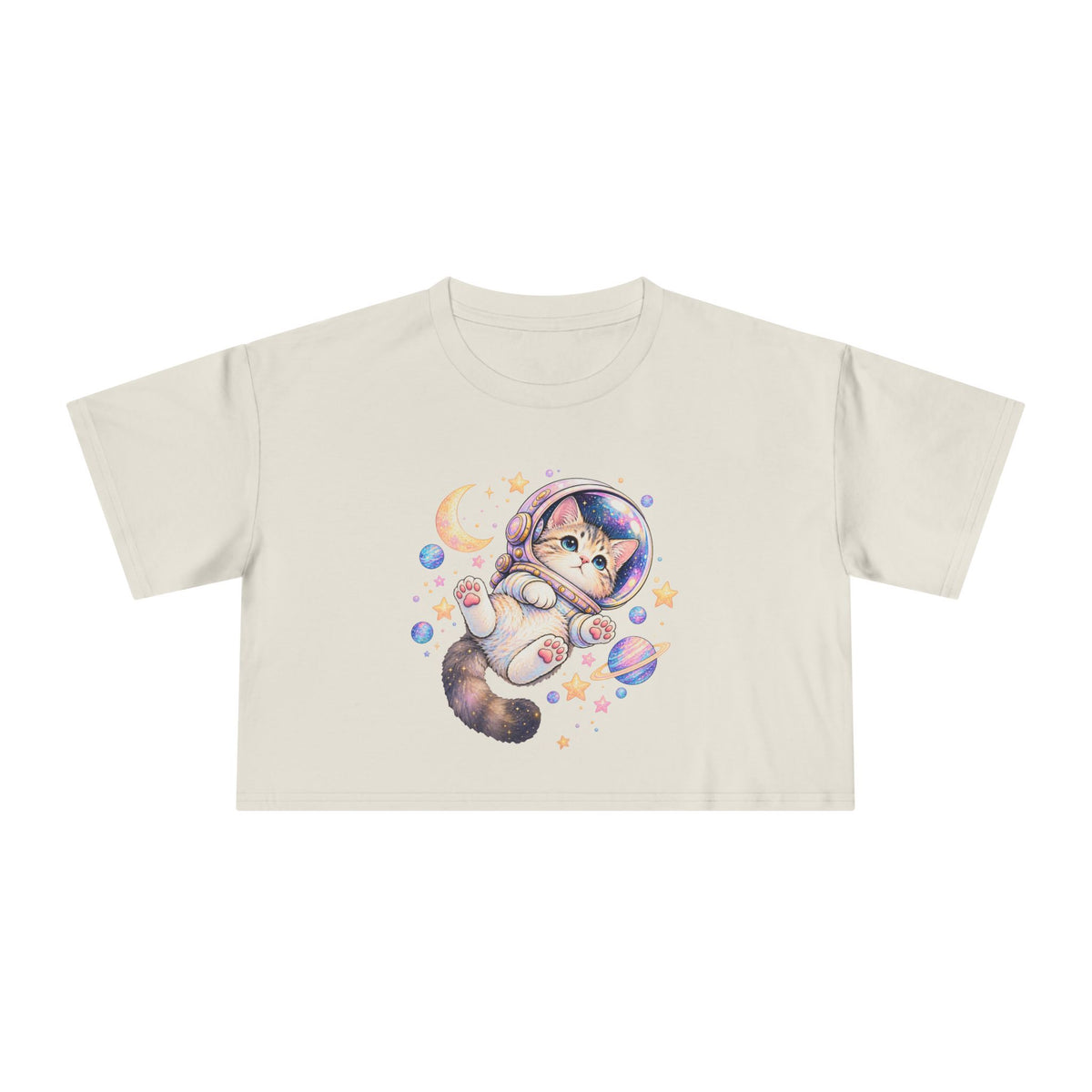 Astronaut Kitten Crop Tee, Cute Pastel Space Cat Helmet Moon Planets Stars Kawaii Women's Cropped T-Shirt